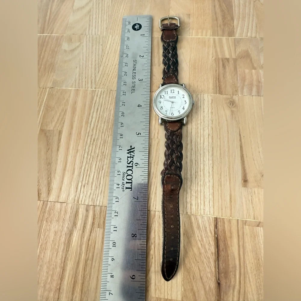 Vintage guess ladies silver tone brown braided leather watch NEW BATTERY